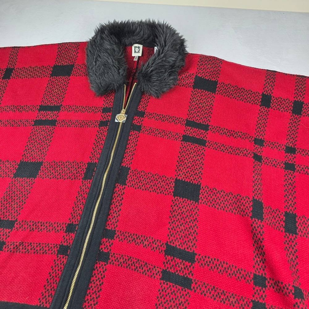 Anne Klein Red Plaid Zip Up Cape Poncho Faux‎ Fur Collar Women's L/XL